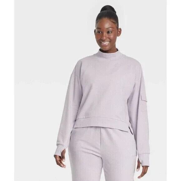 All In Motion French Terry Sweatshirt Sz XXL Lilac Cropped Mock Neck Thumb Holes - Picture 4 of 9